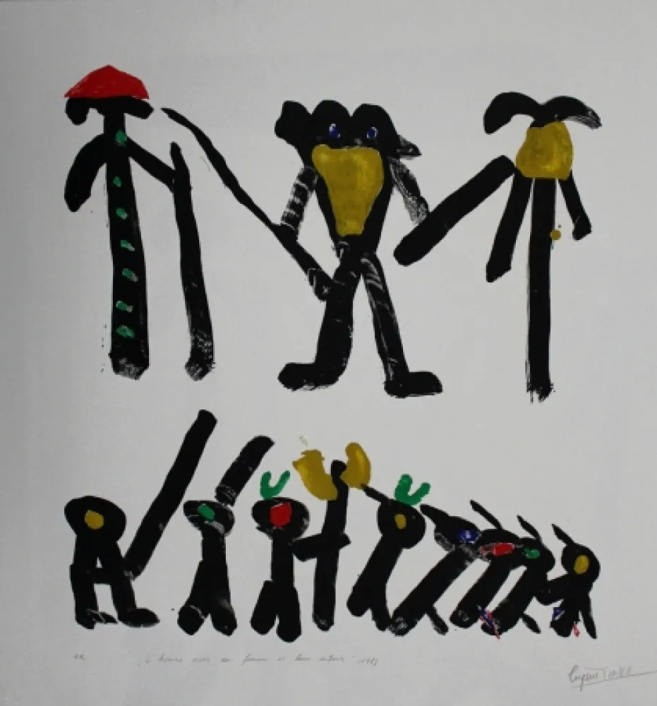 Lithograph Ionesco - L'homme avec deux femmes et leurs enfants