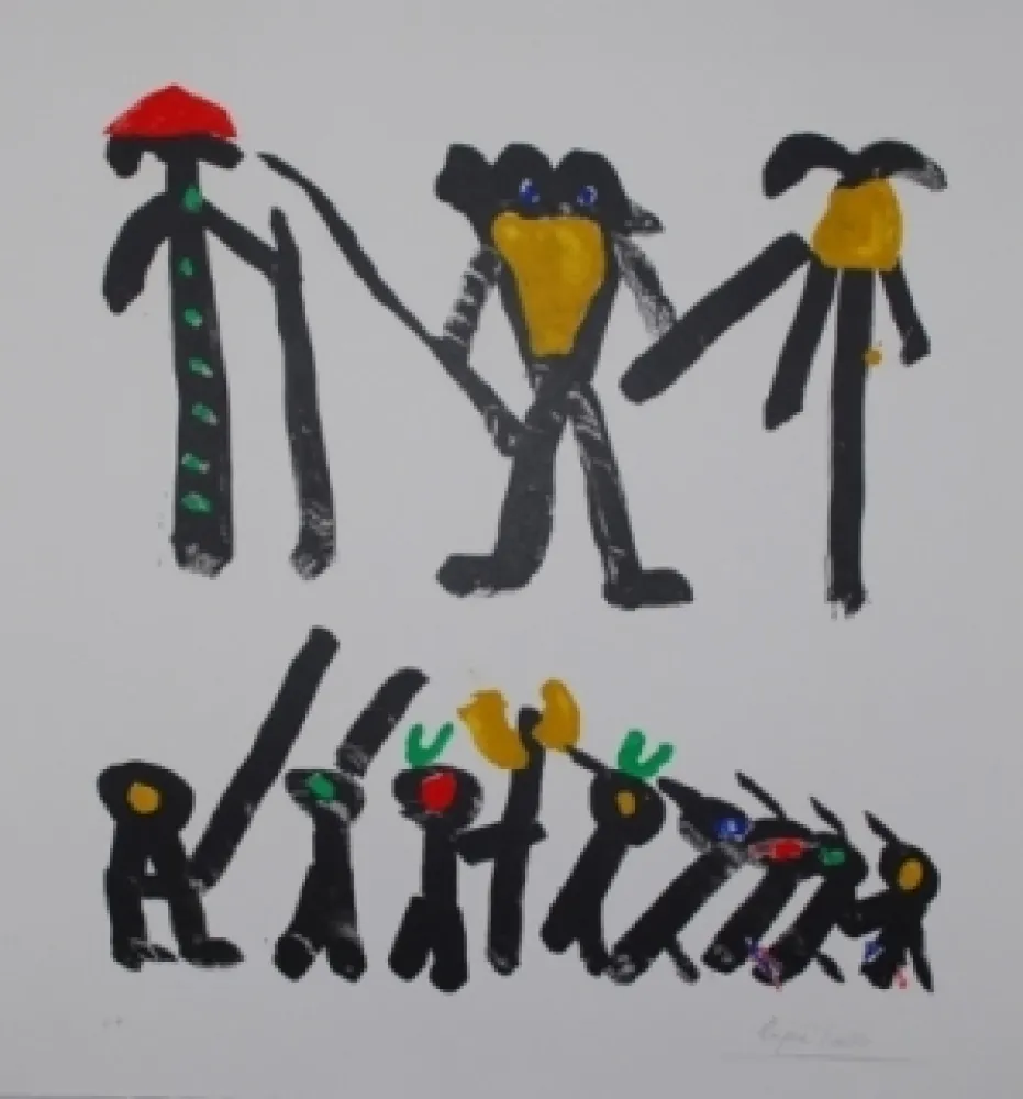 Lithograph Ionesco - L'homme avec deux femmes et leurs enfants