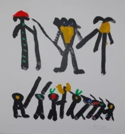 Lithograph Ionesco - L'homme avec deux femmes et leurs enfants