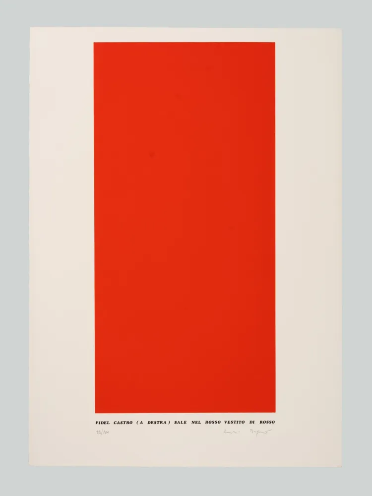 Screenprint Isgrò - Fidel Castro (a destra) sale nel rosso vestito di rosso