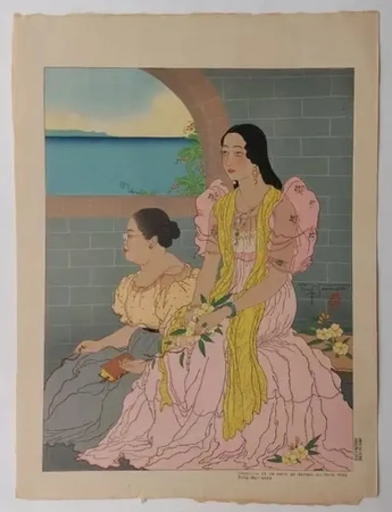 Linocut Jacoulet - Oaquina  et sa mère  ...  (Décembre  1947)