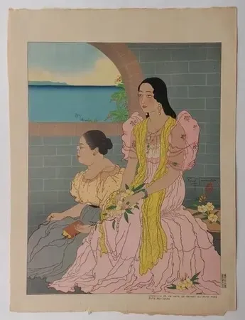 Linocut Jacoulet - Oaquina  et sa mère  ...  (Décembre  1947)