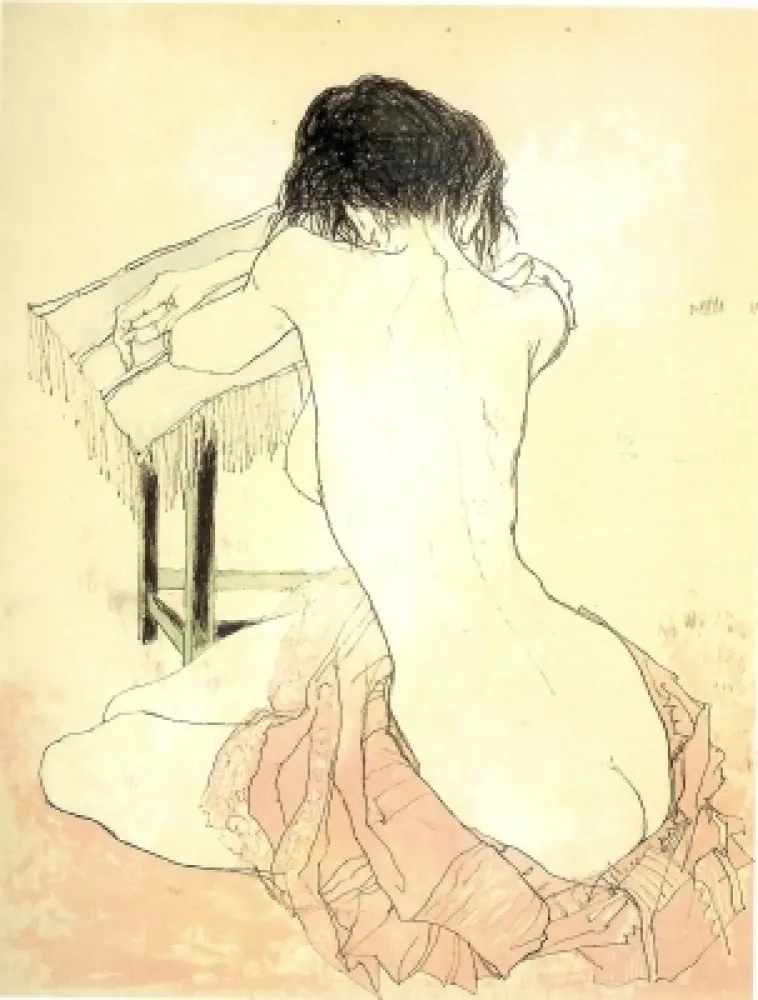 Lithograph Jansem - Nu de dos au tabouret