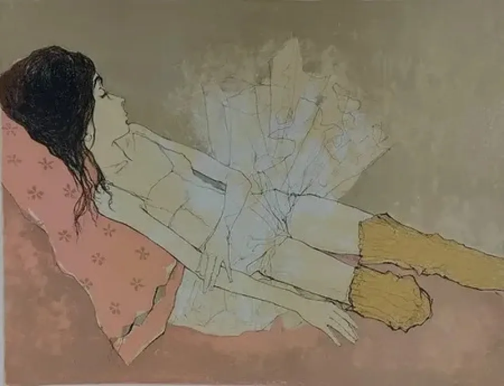 Lithograph Jansem - Ophelie au coussin rose (1993)