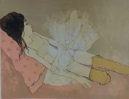 Lithograph Jansem - Ophelie au coussin rose (1993)