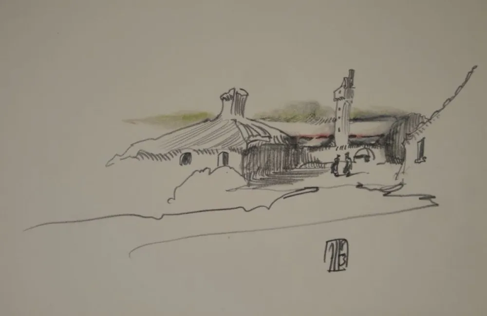 No Technical Janssen - (Nordische Landschaft mit Gebäuden, Turm und zwei Personen)