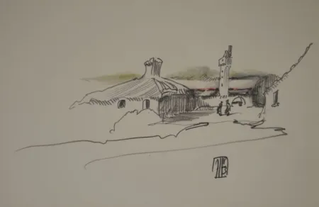 No Technical Janssen - (Nordische Landschaft mit Gebäuden, Turm und zwei Personen)