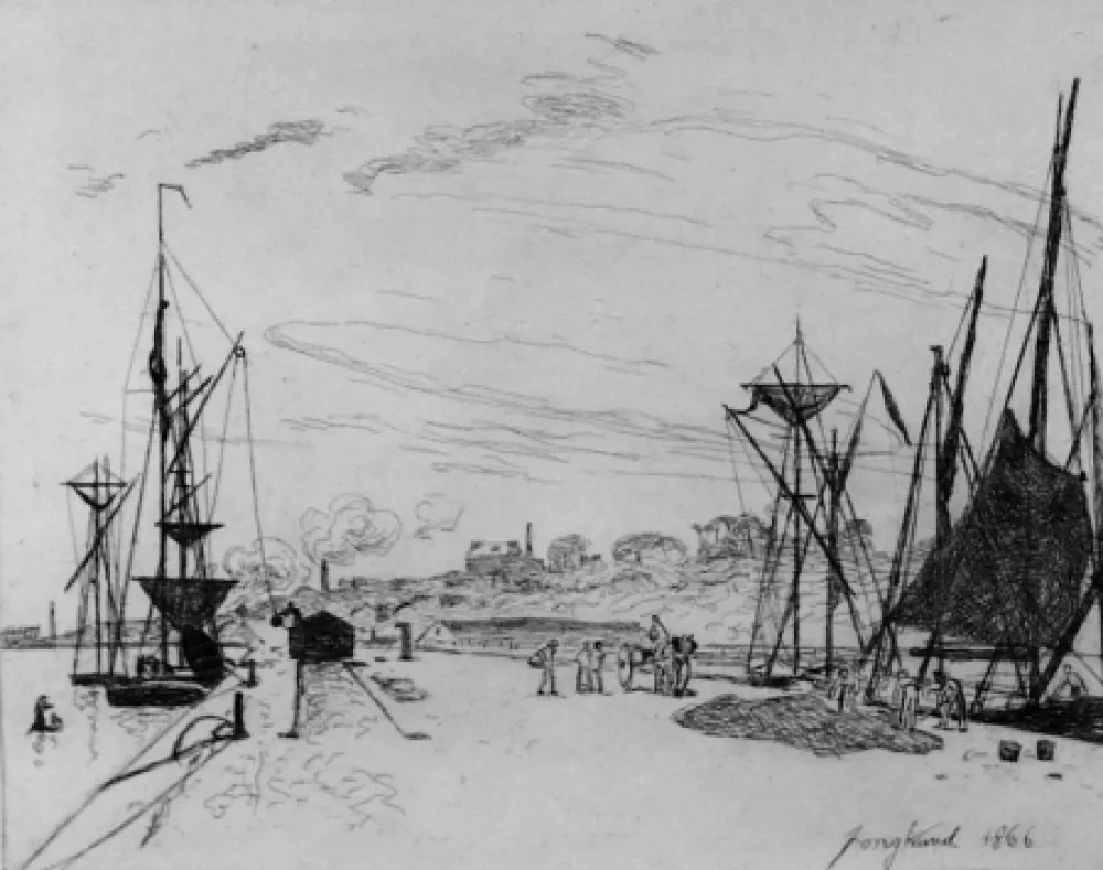 Engraving Jongkind - Vue du port au chemin de fer a Honfleur