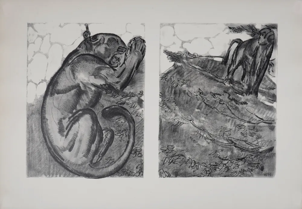 Lithograph Jouve - Panthère et Singe