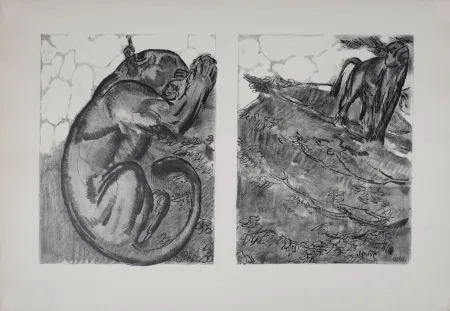 Lithograph Jouve - Panthère et Singe