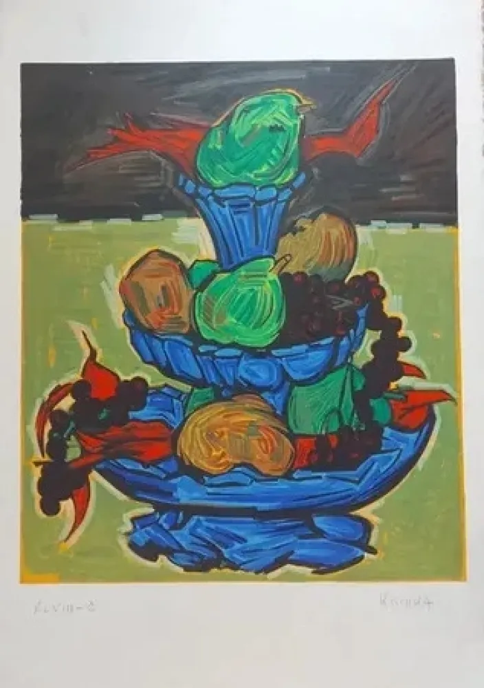 Lithograph Kischka - Nature morte au compotier bleu (1972)