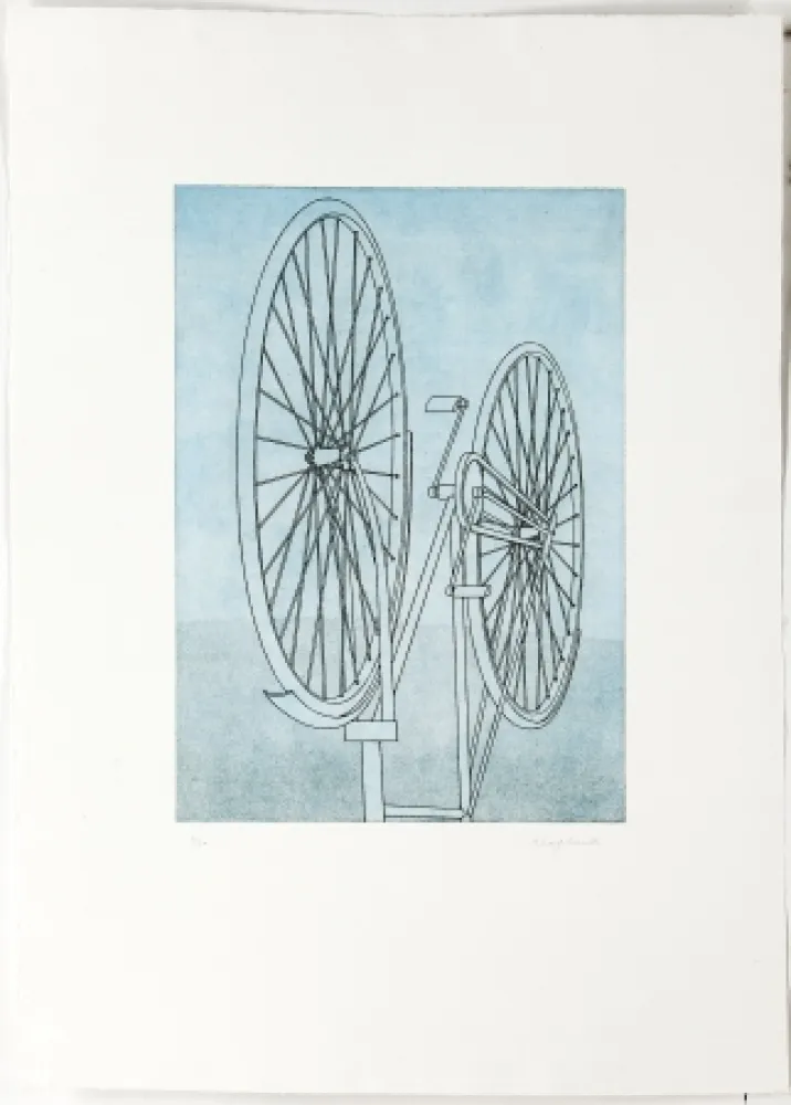 Etching Klapheck - Fahrrad II - Die Fragwürdigkeit des Ruhms (The dubiousness of fame - Le caractère douteux de la renommée)