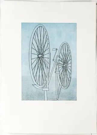 Etching Klapheck - Fahrrad II - Die Fragwürdigkeit des Ruhms (The dubiousness of fame - Le caractère douteux de la renommée)
