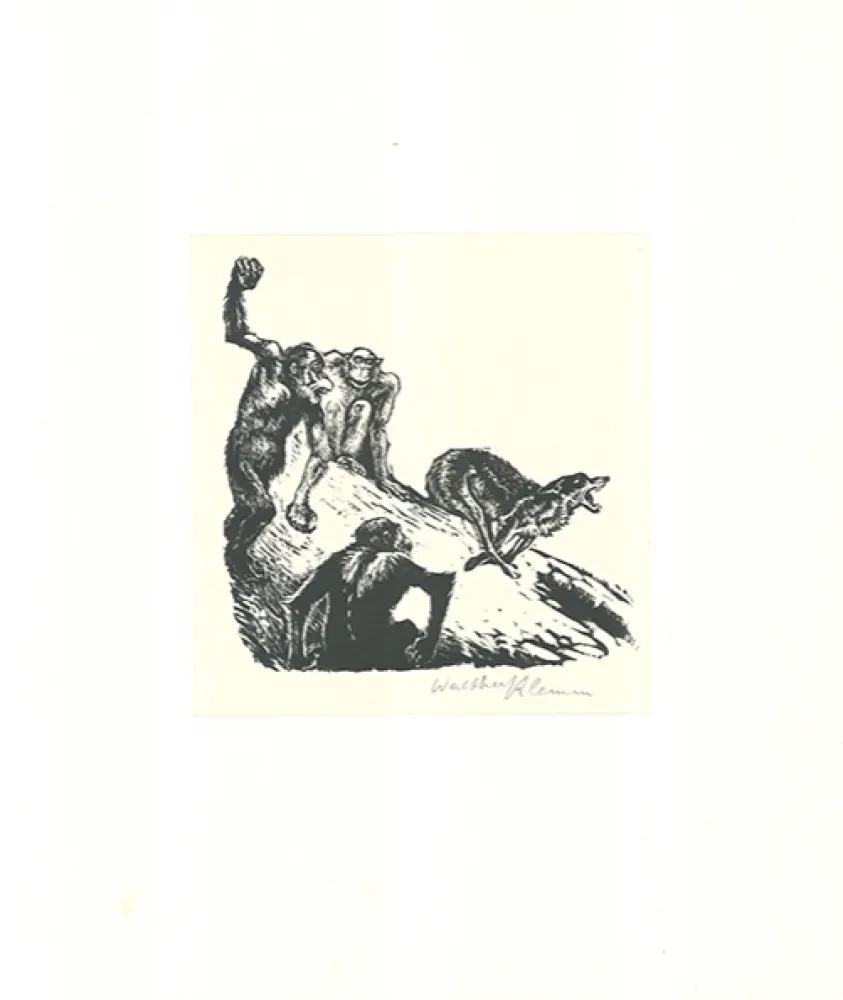 Woodcut Klemm - Affen jagen den Wolf