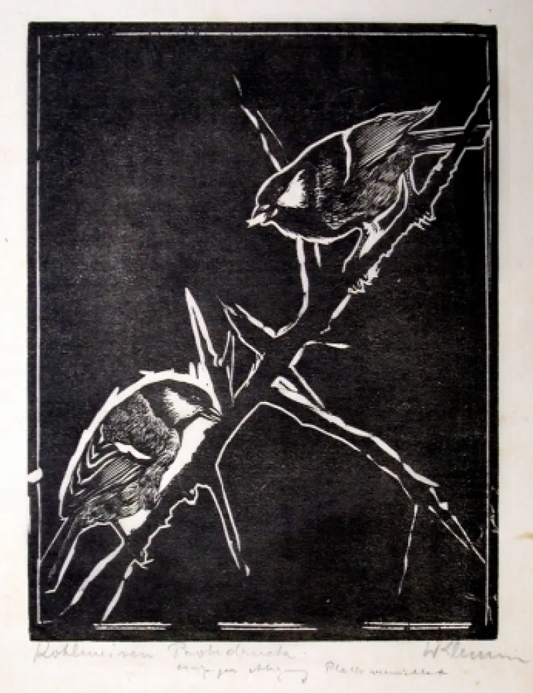 Woodcut Klemm - Kohlmeisen (Great Tits)