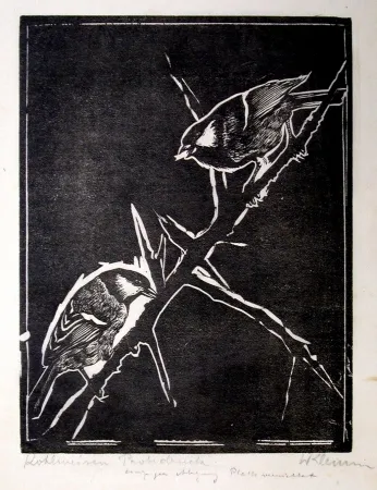 Woodcut Klemm - Kohlmeisen (Great Tits)
