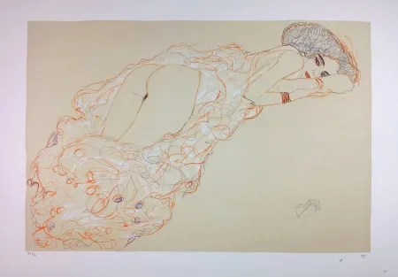 Lithograph Klimt - La fille en robe longue / Reclining Nude Lying on Her Stomach and Facing Right / Auf dem Bauch liegender Halbakt nach rechts - 1910 
