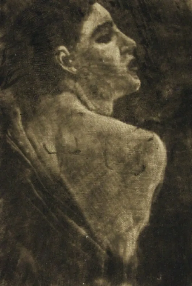 Etching Klinger - Weibliche Halbfigur Schabkunstversuch.