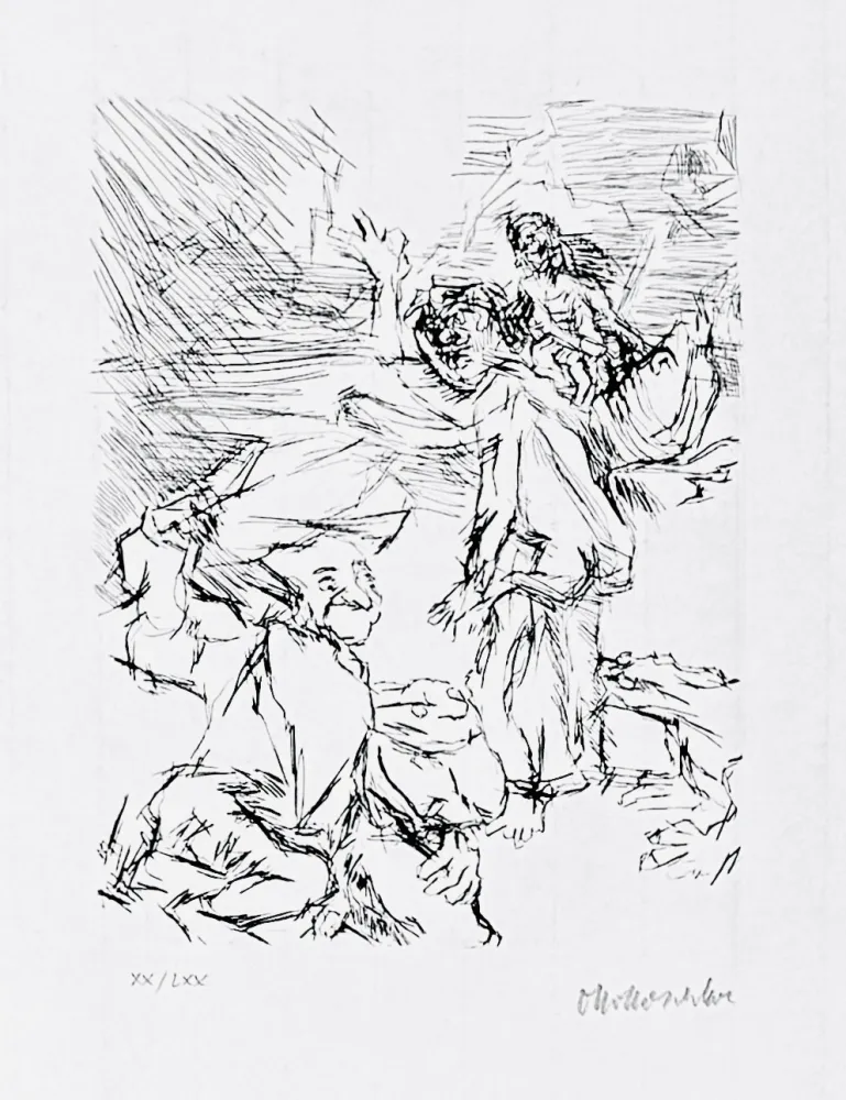 Etching Kokoschka - Dionysus and the heavily laden Xanthias at the Lake of the Dead