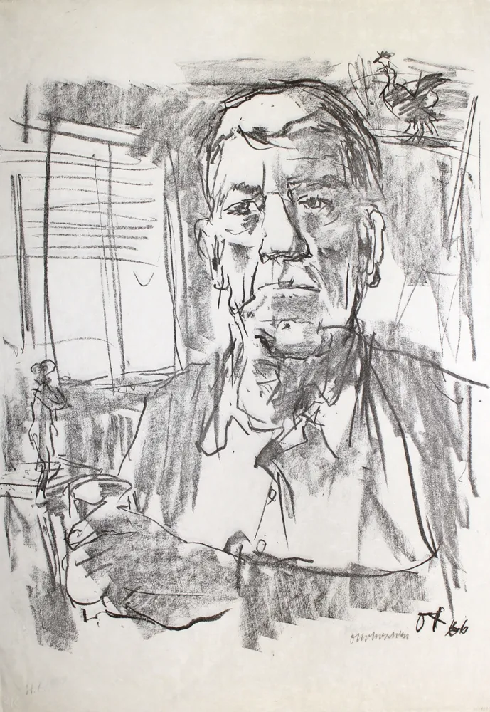 Lithograph Kokoschka - Selbstbildnis mit Statuette