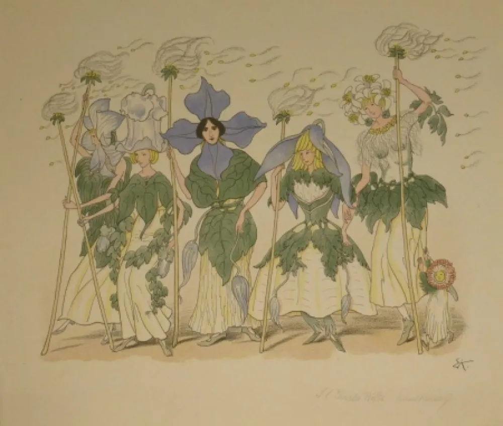Lithograph Kreidolf - “Clematis“. Fünf Clematis-Frauen und Margaritenkind
