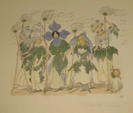 Lithograph Kreidolf - “Clematis“. Fünf Clematis-Frauen und Margaritenkind