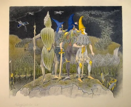 Lithograph Kreidolf - “Krieg“ Germer-, Rittersporn, blauer und gelber Eisenhut-Ritter stehen als Feldherren auf einem Hügel über einem vorüberziehenden Heuschrecken-Heer.