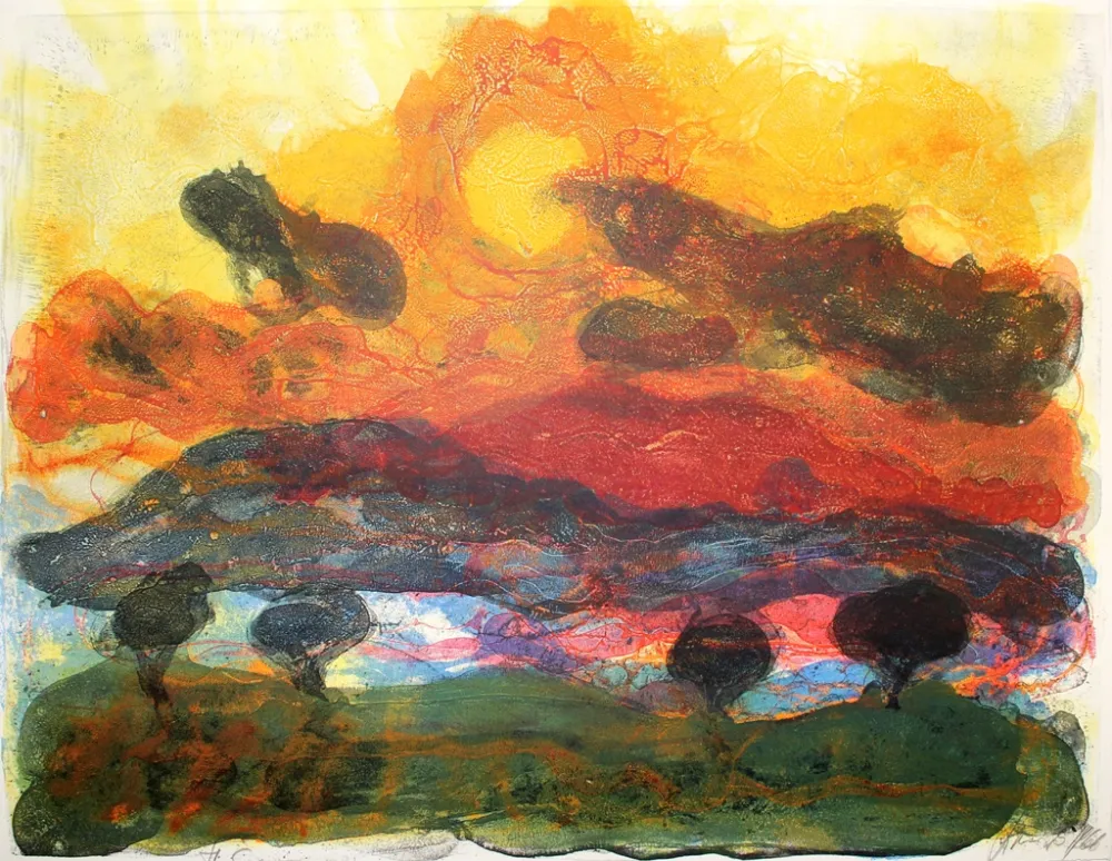 Lithograph Kruck - Landschaft mit Pinen