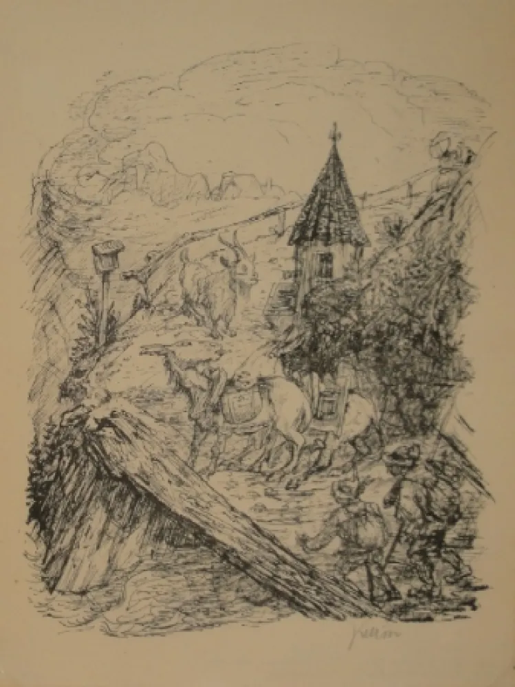 Lithograph Kubin - Transport im Gebirge