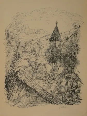 Lithograph Kubin - Transport im Gebirge