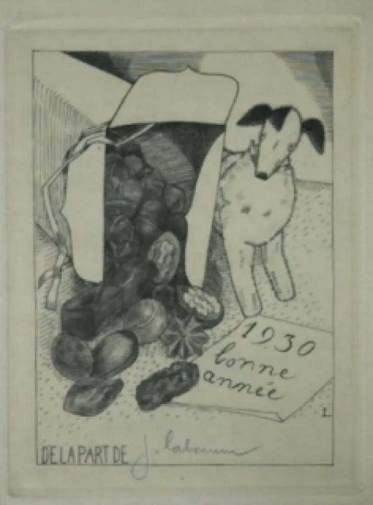 Drypoint Laboureur - Chien de peluche et chocolats
