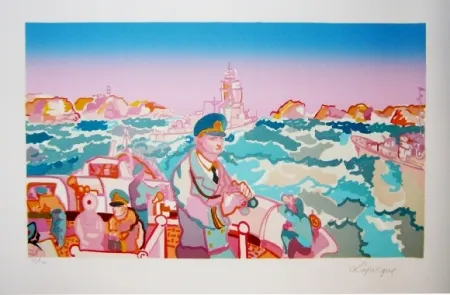 Lithograph Lapicque - Manoeuvre en rade de Brest