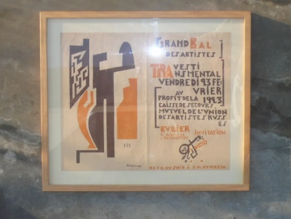 Woodcut Larionov - Invitation pour le grand bal des artistes travesti transmental