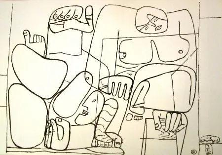 Lithograph Le Corbusier - Black and White lithograph from the Portofolio “Cortège” - 1939. Fall of Barcelona