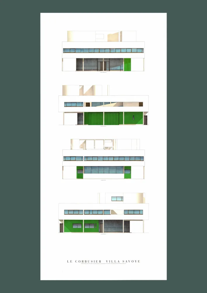 Lithograph Le Corbusier - Le Corbusier: 'Villa Savoye, Four Elevations' Offset-lithograph