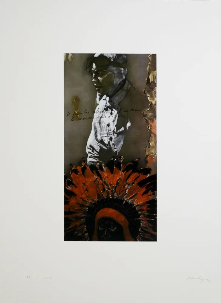 Lithograph Le Gac - Le peintre absent, l'indien et le coureur automobile, 1995