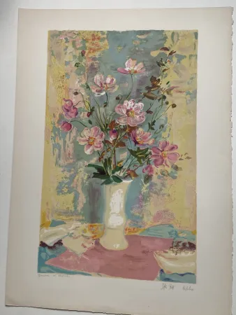 Lithograph Lê Phô - Bouquet sur le napperon rose