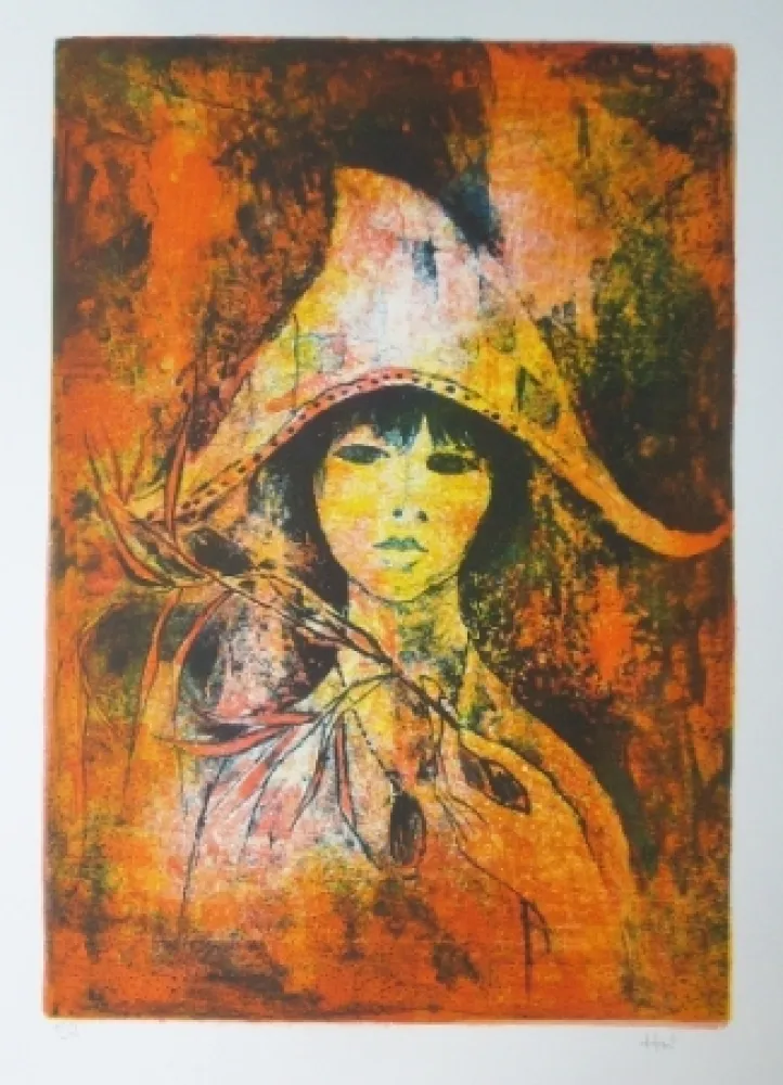 Lithograph Lebadang - Fille au chapeau