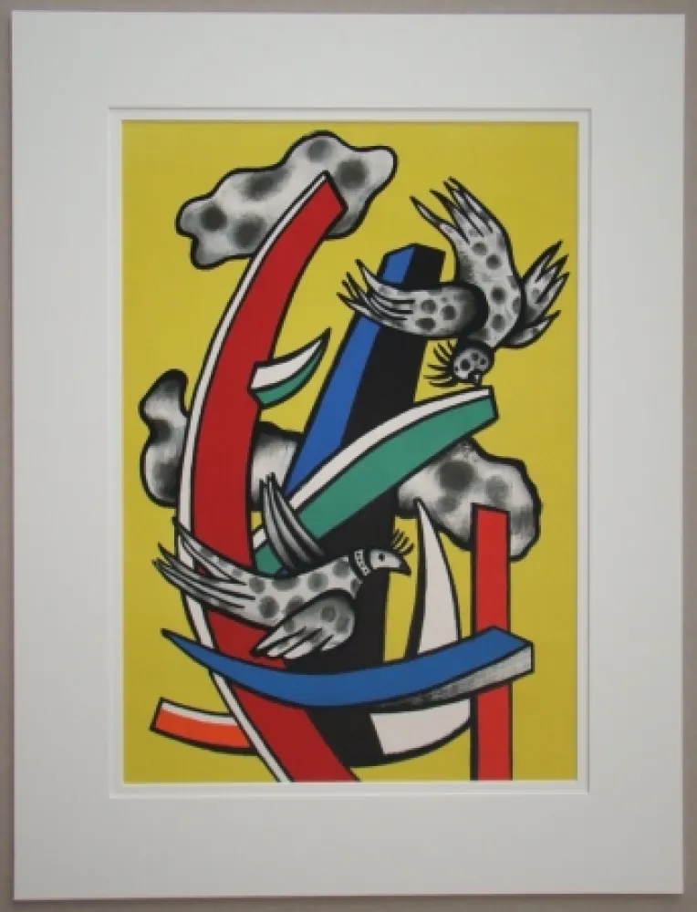 Lithograph Leger - Composition aux deux oiseaux sur fond jaune, 1955