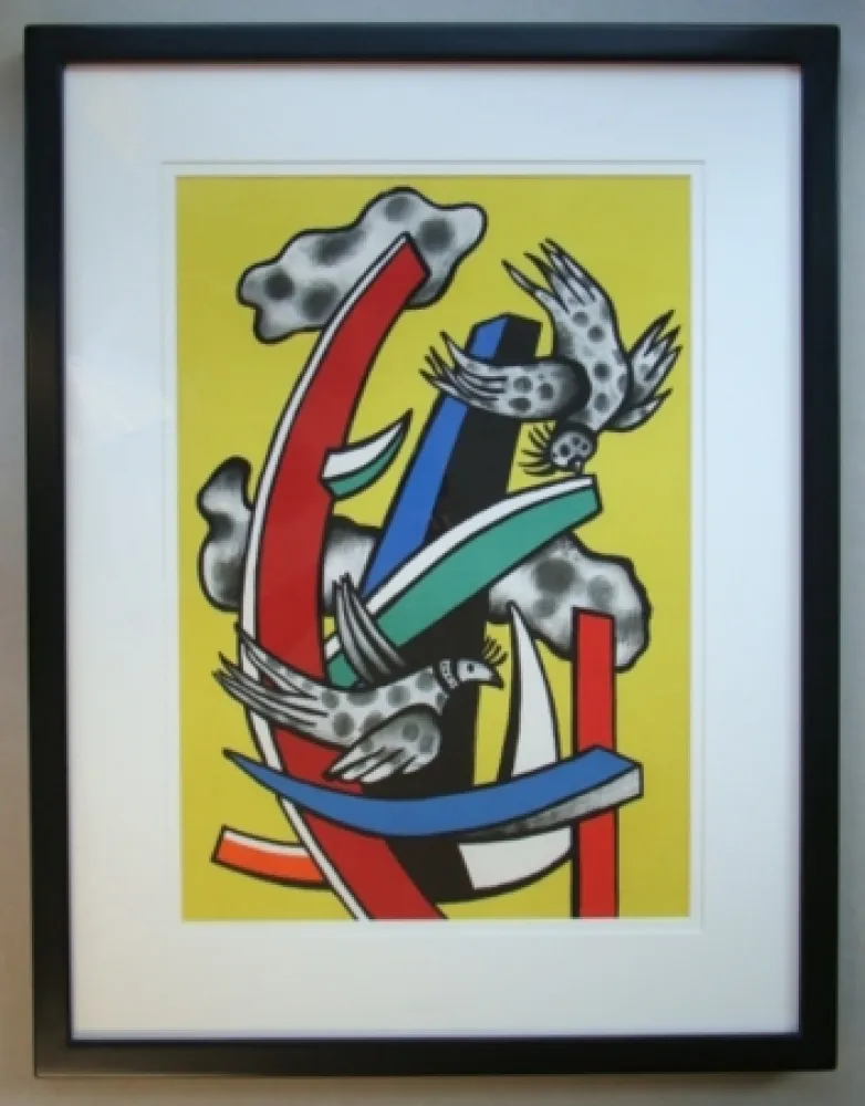 Lithograph Leger - Composition aux deux oiseaux sur fond jaune, 1955