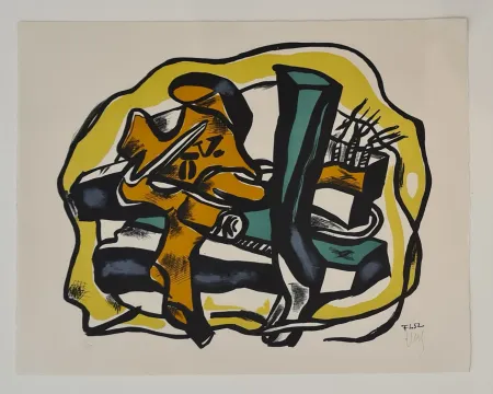 Lithograph Leger - Composition sur fond jaune 