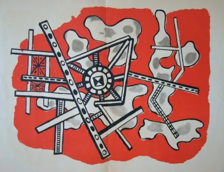 Lithograph Leger - Construction sur fond rouge