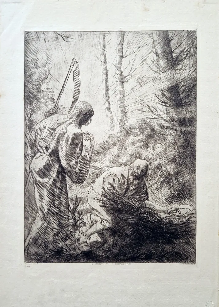 Engraving Legros - La mort et le bucheron
