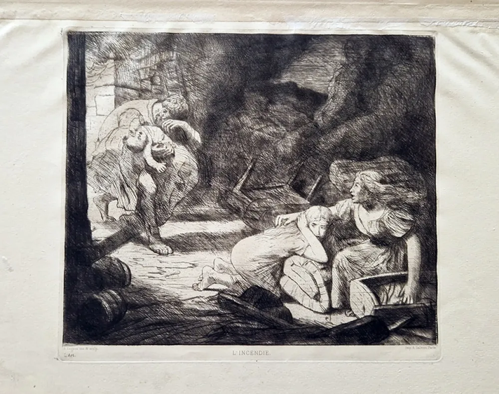 Engraving Legros - L'incendie