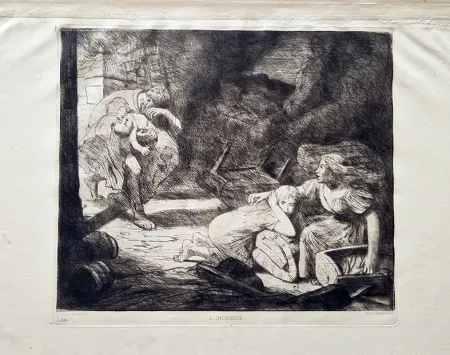 Engraving Legros - L'incendie