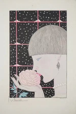 Etching Lepape - Art déco, Jeune femme à la rose