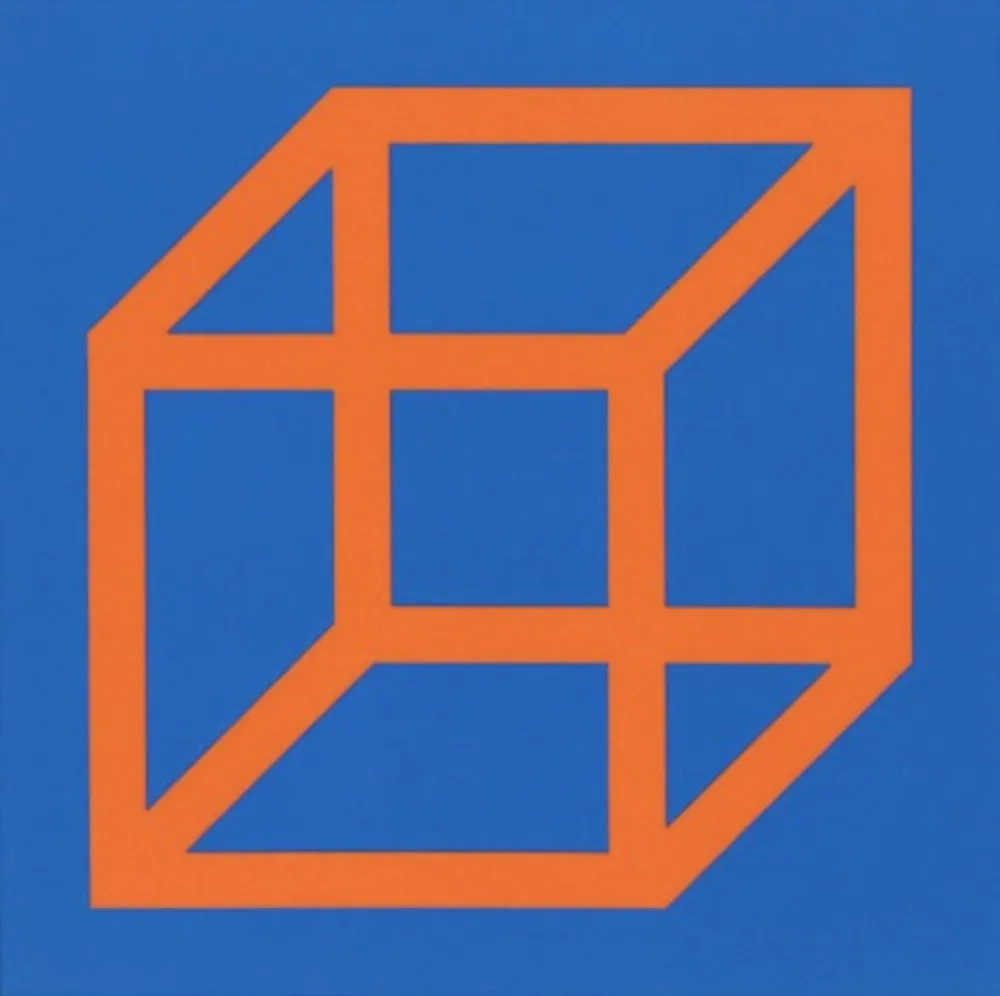 Linocut Lewitt - Cubes in Color on Color (Blue/Orange)