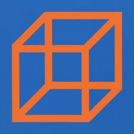 Linocut Lewitt - Cubes in Color on Color (Blue/Orange)