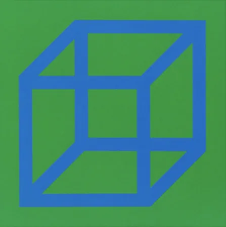 Linocut Lewitt - Cubes in Color on Color (Green/Blue)