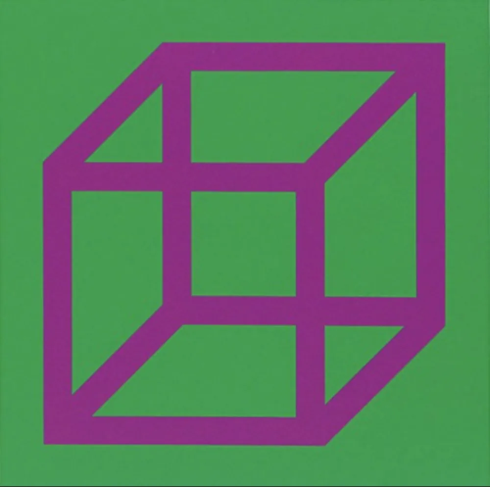 Linocut Lewitt - Cubes in Color on Color (Green/Purple)
